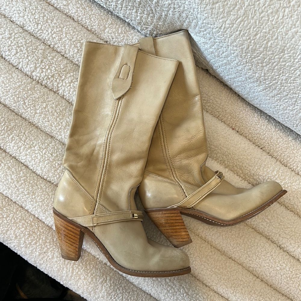 Vintage 70s cowboy boots genuine leather Western / Braided  Mid Calf Tan